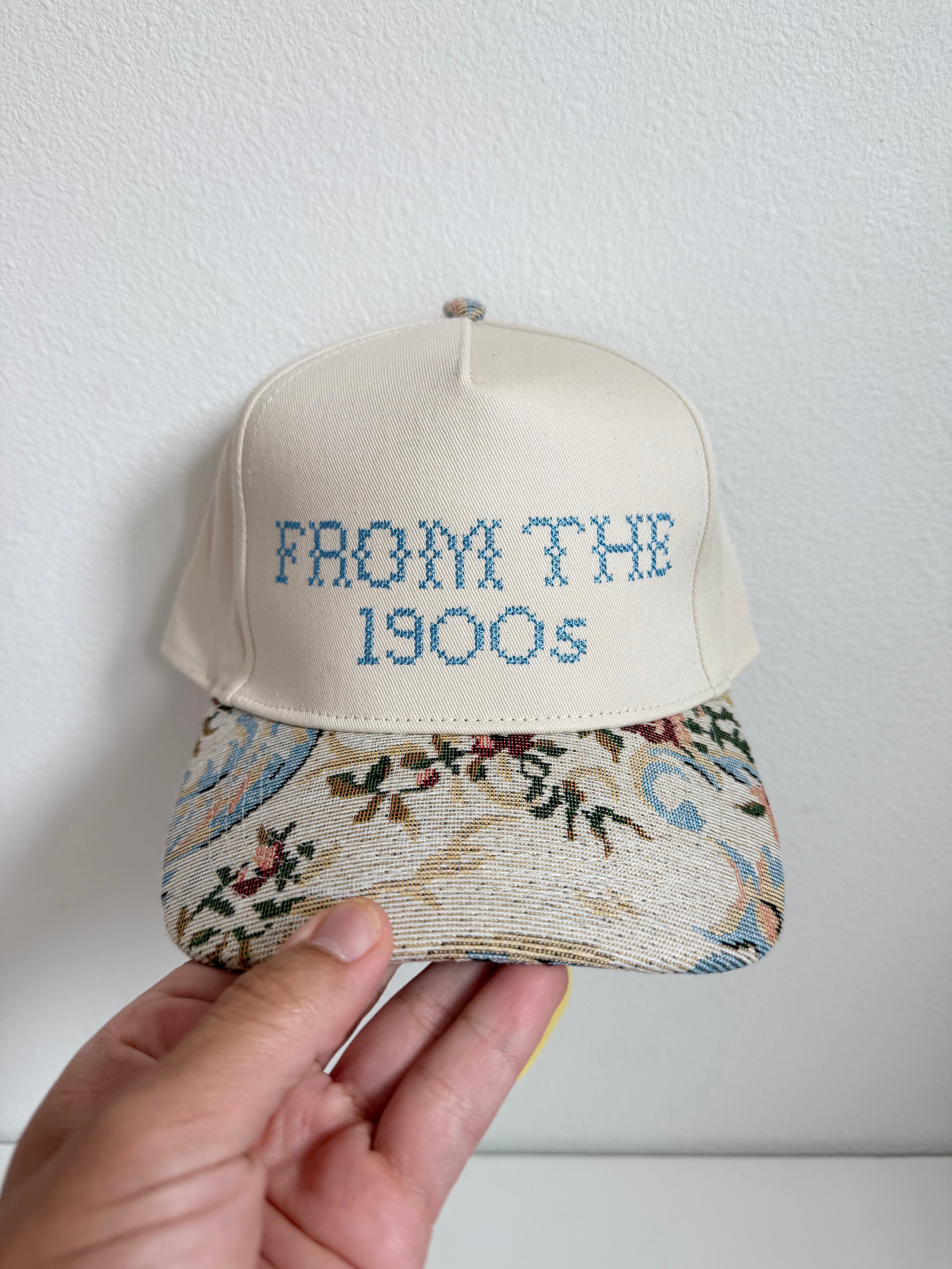 From the 1900s Embroidered Trucker Hat | Cream Cap with Vintage Floral Tapestry Brim | Funny Cross Stitch Cap | Ready to Ship