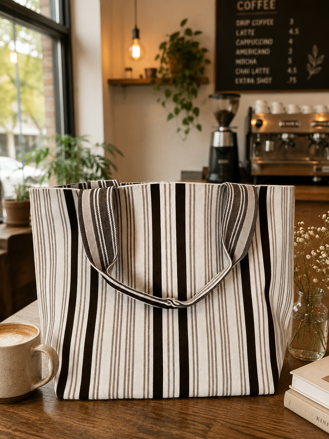 Personalized Brown & Cream Striped Knit Tote Bag | Custom Name or Monogram
