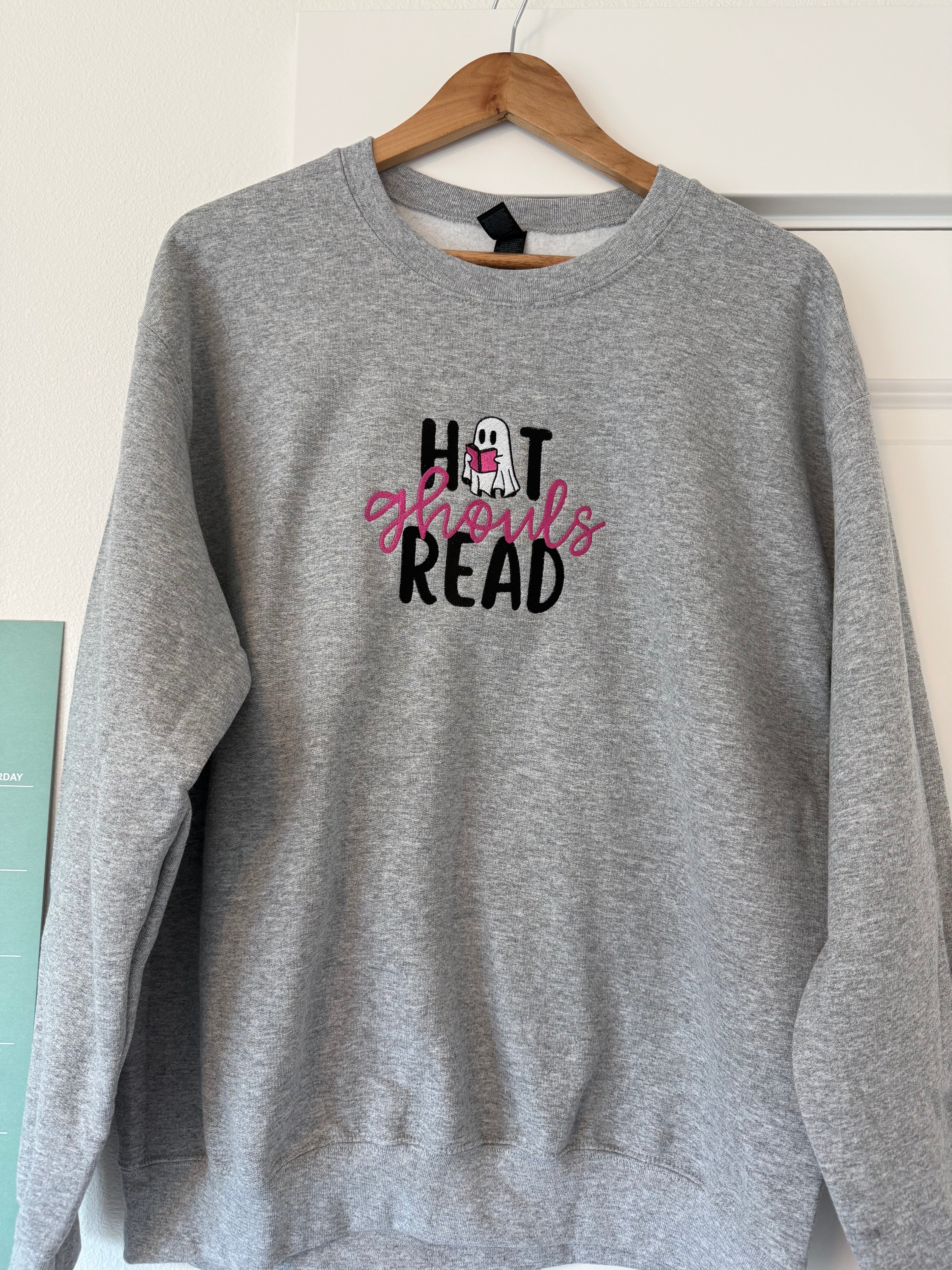 Hot Ghouls Read Embroidered Sweatshirt | Halloween Book Lover Crewneck | Spooky Reading Ghost Gift