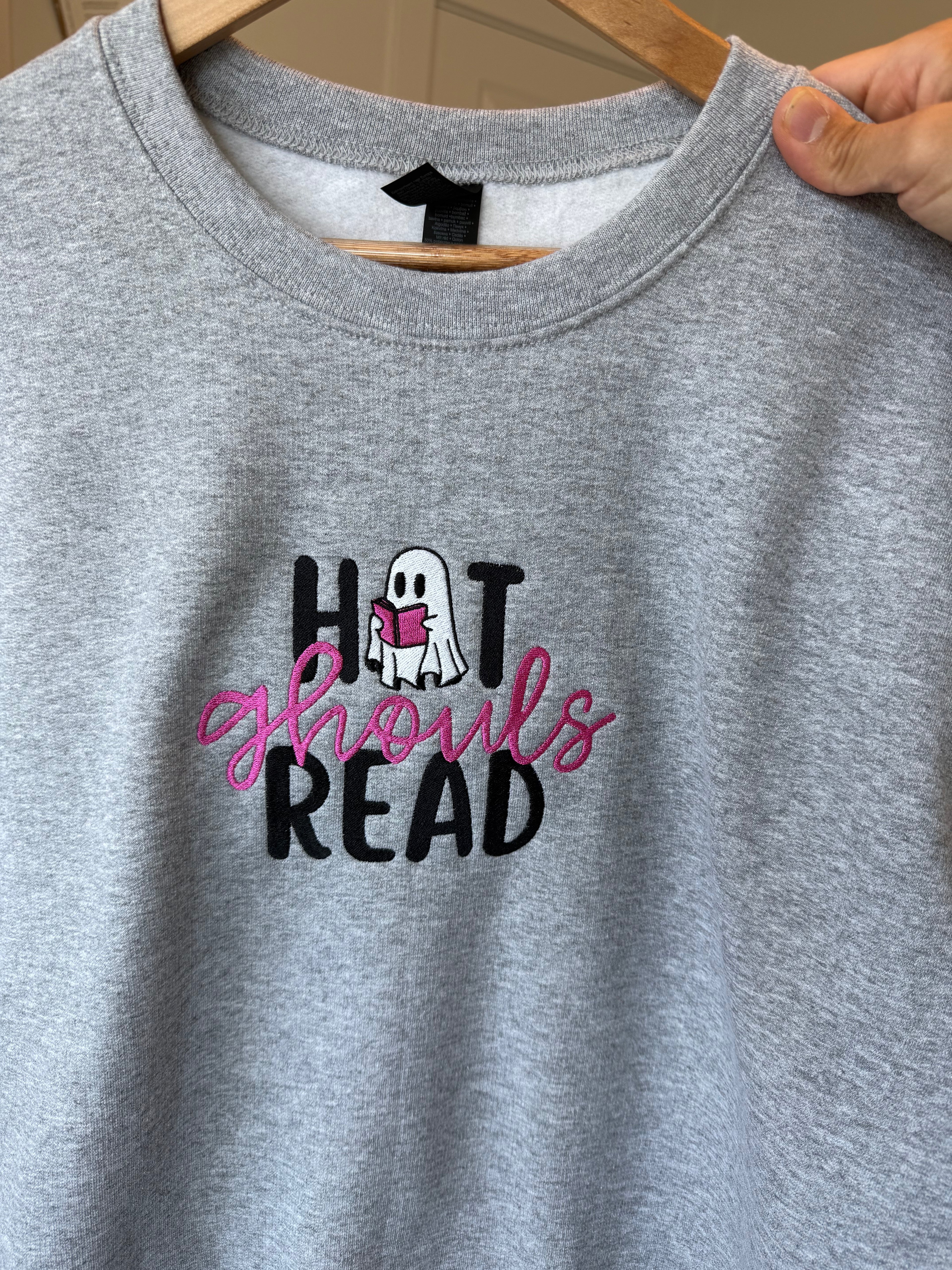 Hot Ghouls Read Embroidered Sweatshirt | Halloween Book Lover Crewneck | Spooky Reading Ghost Gift