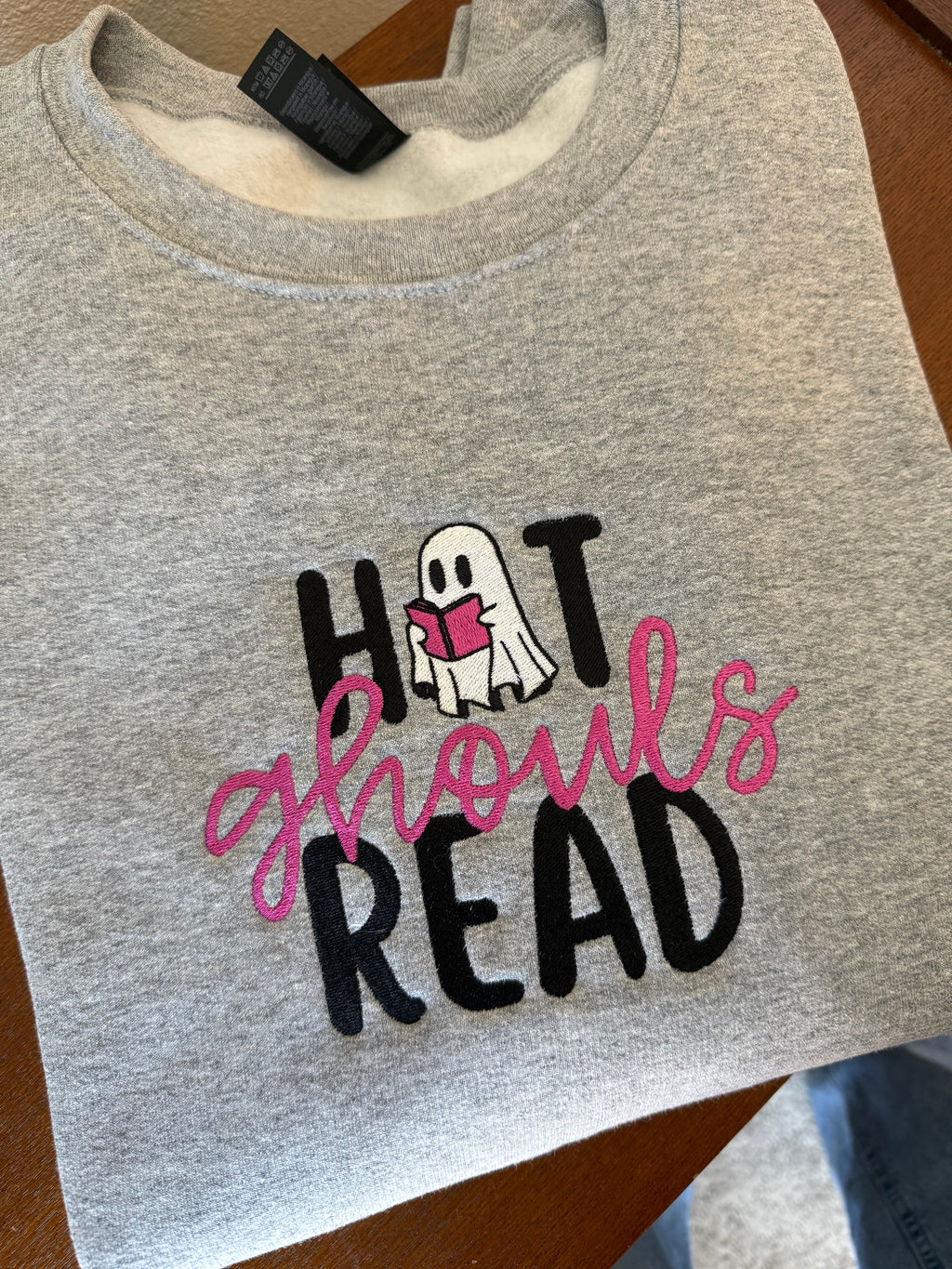 Hot Ghouls Read Embroidered Sweatshirt | Halloween Book Lover Crewneck | Spooky Reading Ghost Gift