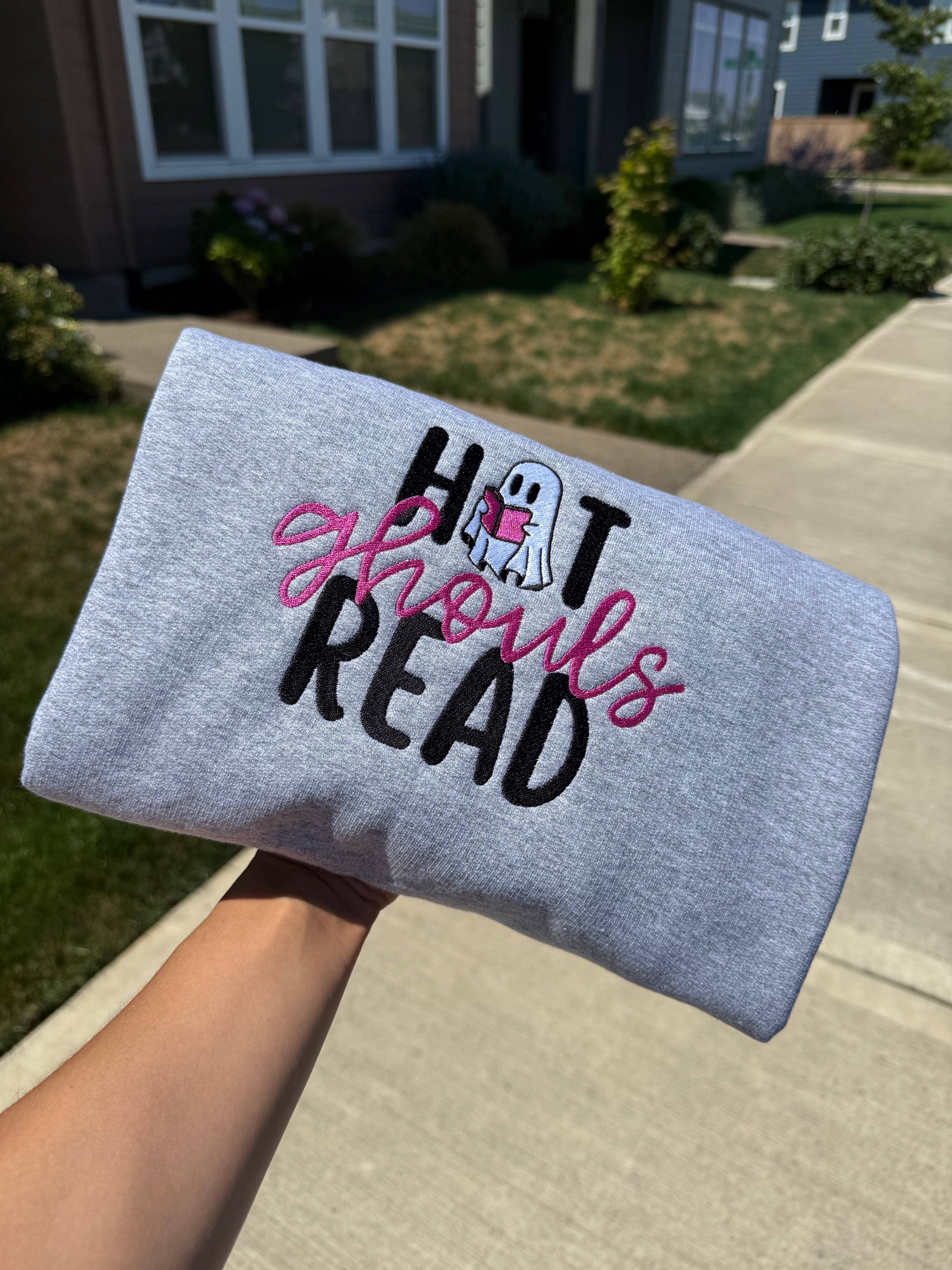 Hot Ghouls Read Embroidered Sweatshirt | Halloween Book Lover Crewneck | Spooky Reading Ghost Gift