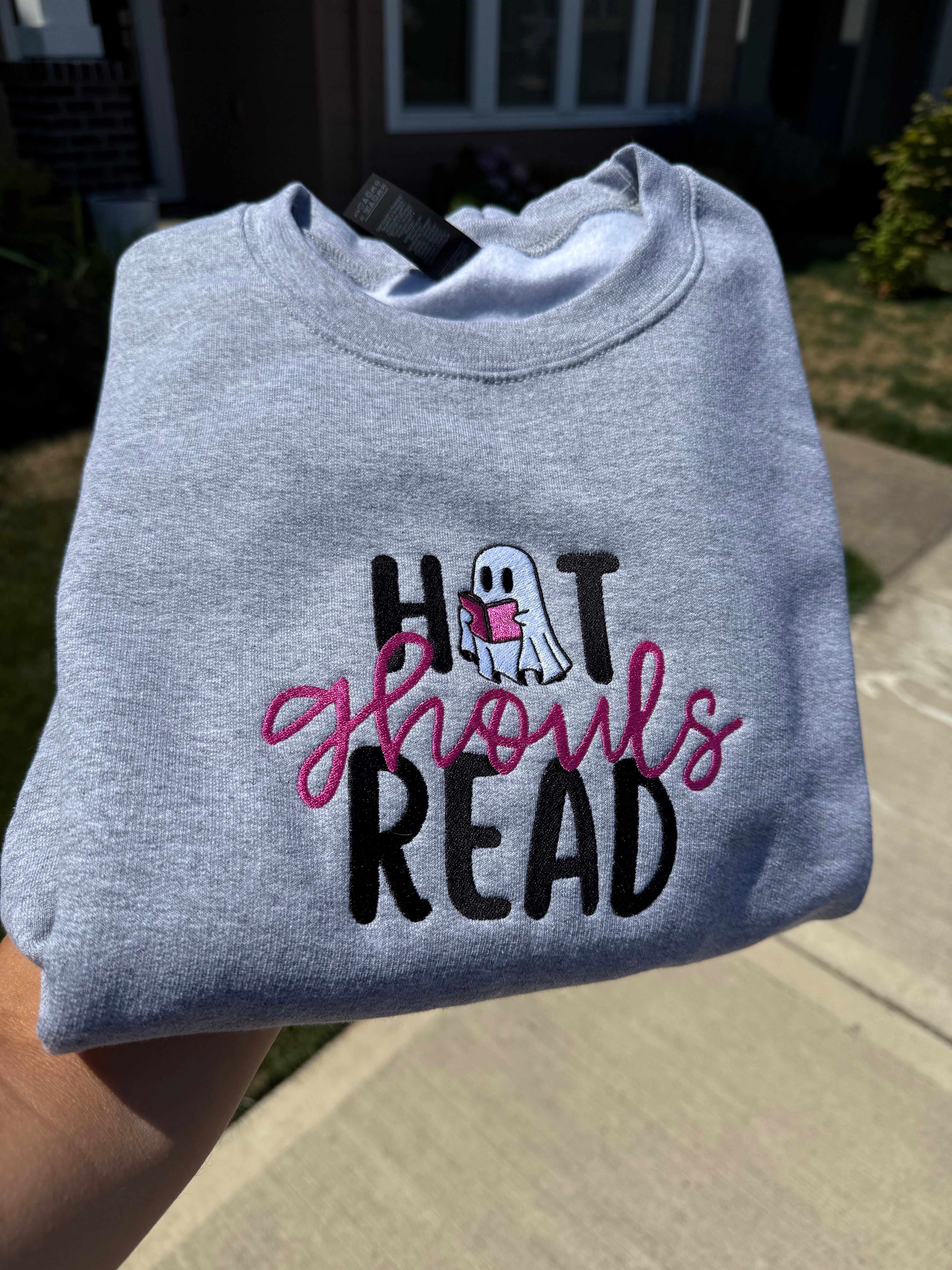 Hot Ghouls Read Embroidered Sweatshirt | Halloween Book Lover Crewneck | Spooky Reading Ghost Gift