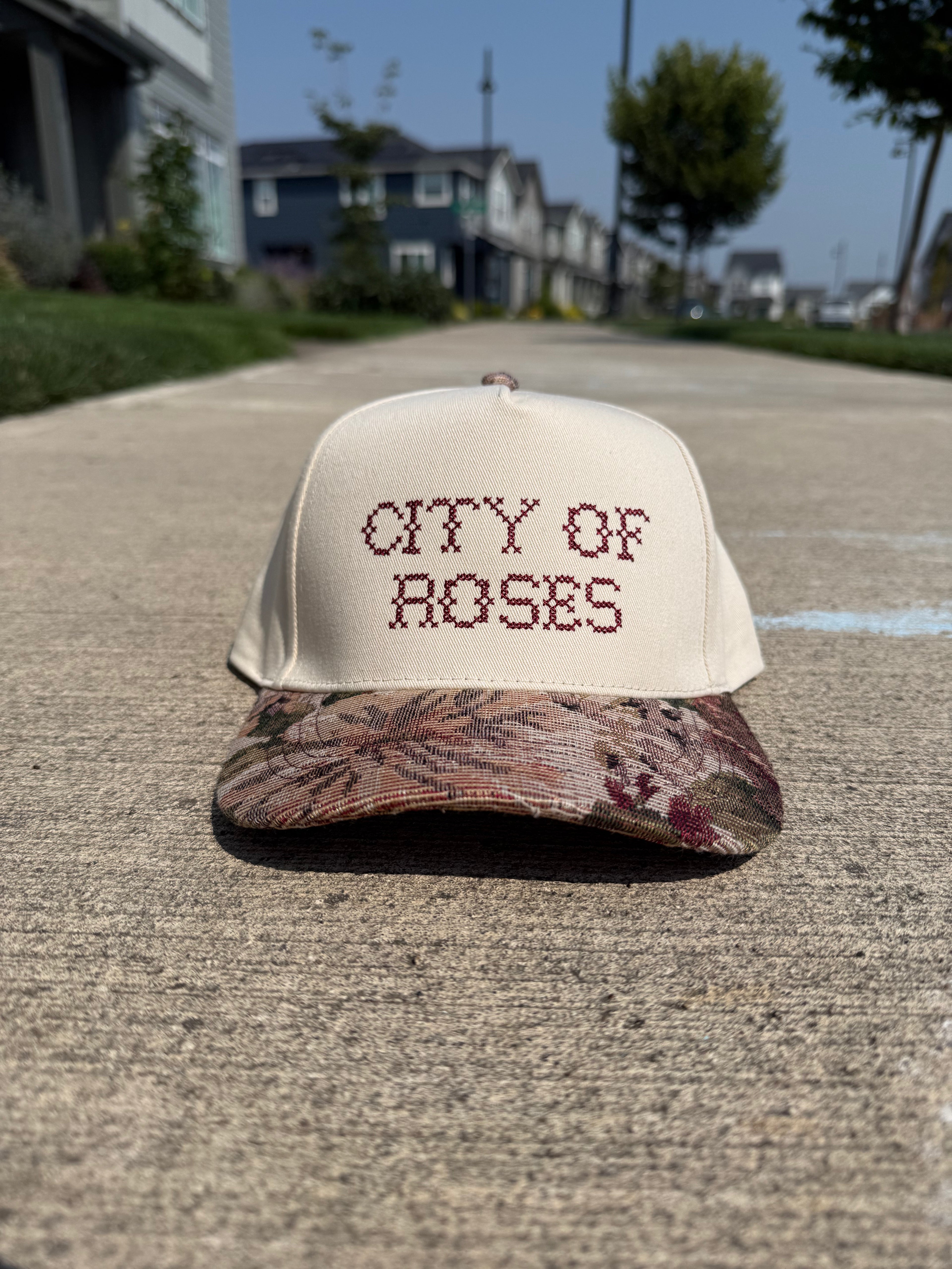 City of Roses Embroidered Trucker Hat | Portland Oregon Cap | Vintage Floral Tapestry Brim | Cross Stitch | Ready to Ship