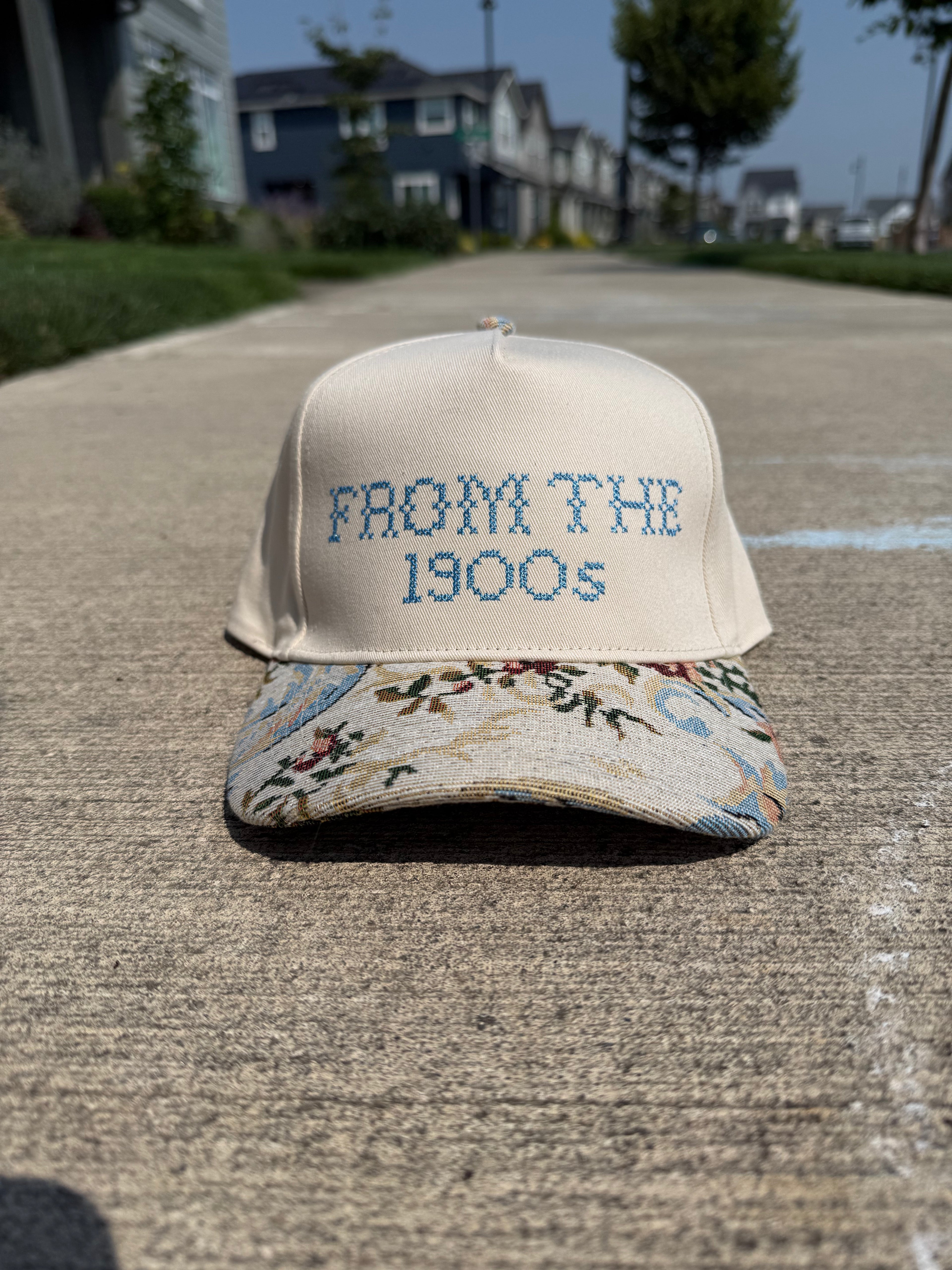 From the 1900s Embroidered Trucker Hat | Cream Cap with Vintage Floral Tapestry Brim | Funny Cross Stitch Cap | Ready to Ship