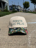 Ponte Las Pilas Embroidered Trucker Hat | Cream Cap with Vintage Floral Tapestry Brim | Funny Spanish Latina Gift | Ready to Ship