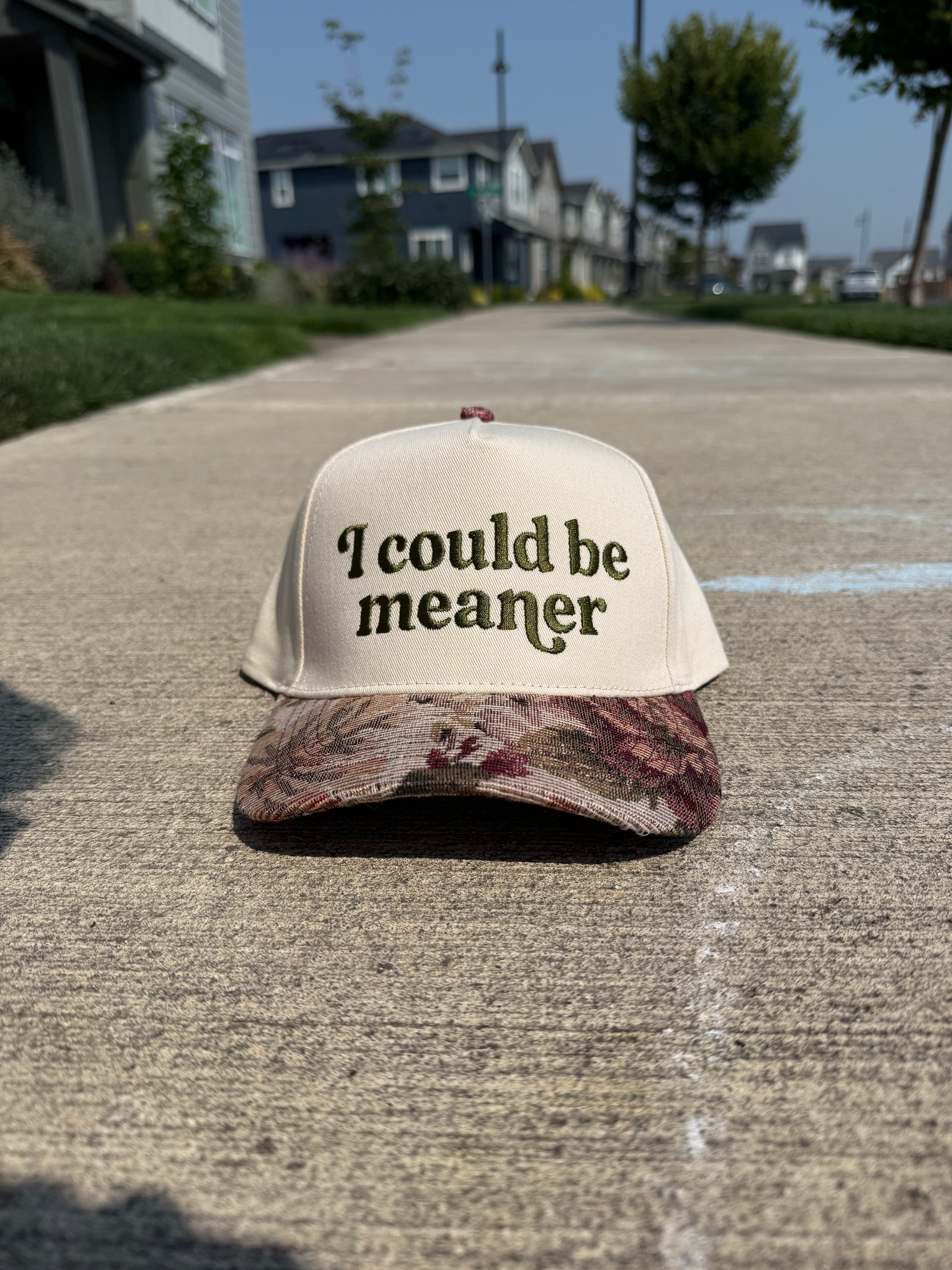 I Could Be Meaner Embroidered Trucker Hat | Funny Cream Cap with Vintage Floral Tapestry Brim | Sassy Gift | Ready to Ship
