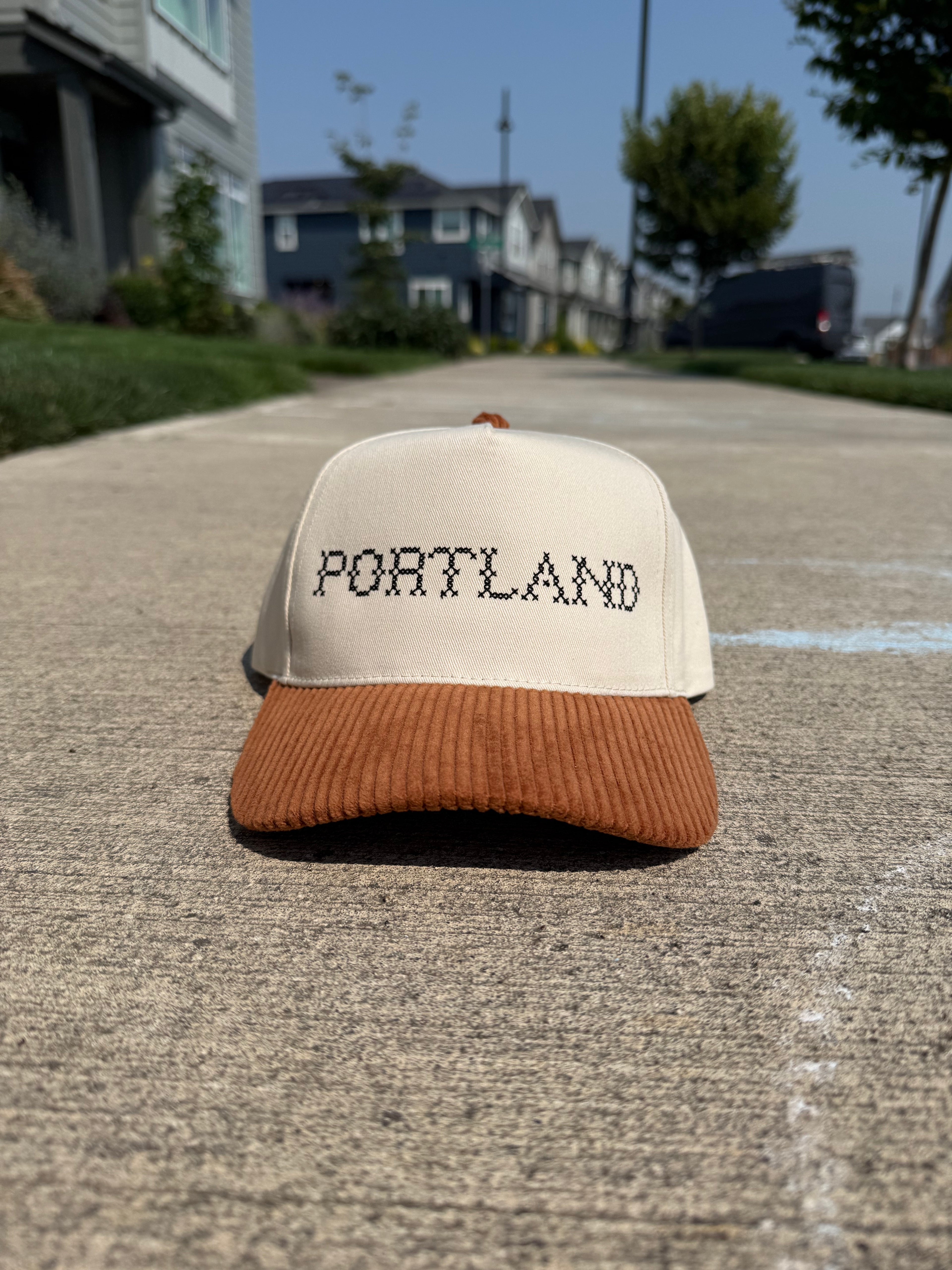 Portland Embroidered Trucker Hat | Cream Cap with Brown Corduroy Brim | Oregon Cross Stitch Cap | Ready to Ship