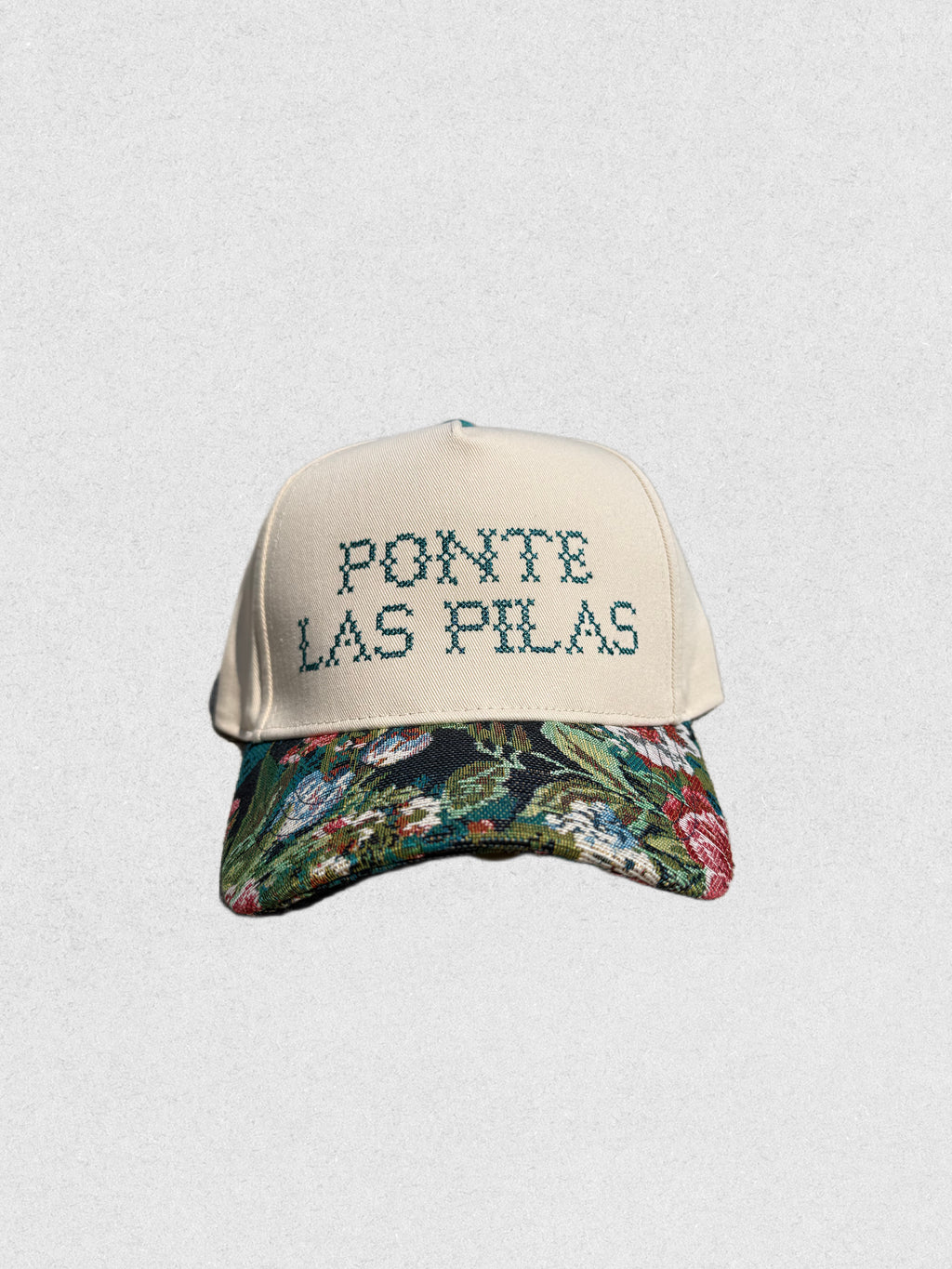 Ponte Las Pilas Embroidered Trucker Hat | Cream Cap with Vintage Floral Tapestry Brim | Funny Spanish Latina Gift | Ready to Ship