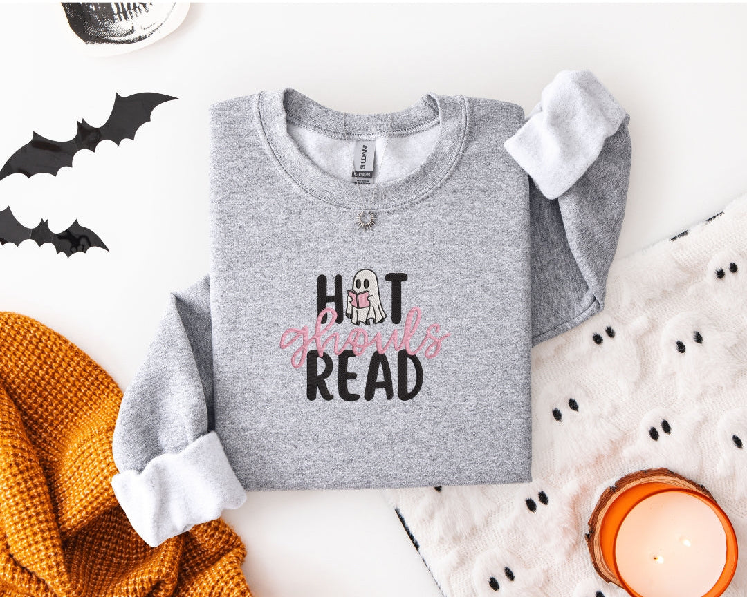 Hot Ghouls Read Embroidered Sweatshirt | Halloween Book Lover Crewneck | Spooky Reading Ghost Gift