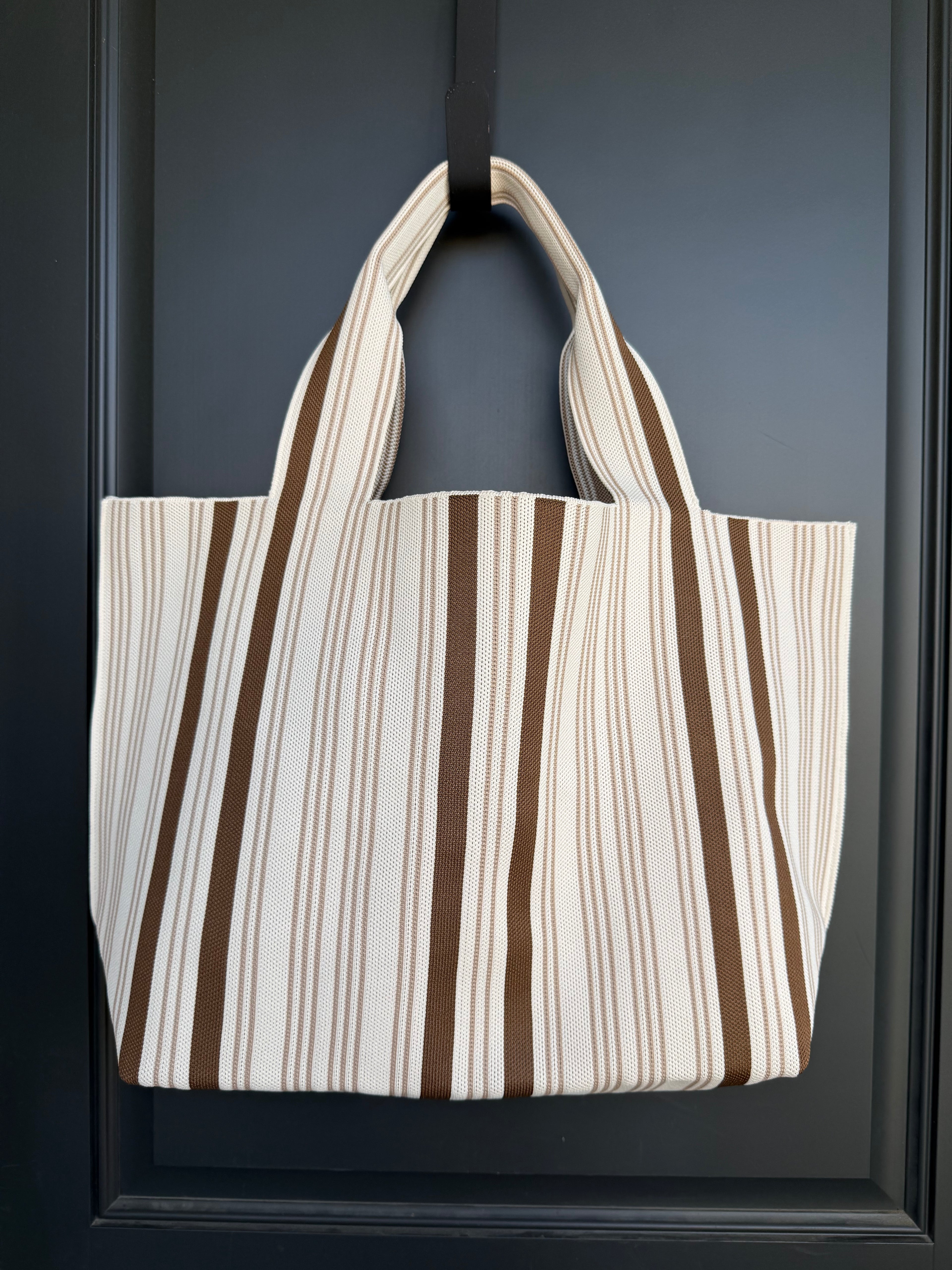 Personalized Brown & Cream Striped Knit Tote Bag | Custom Name or Monogram