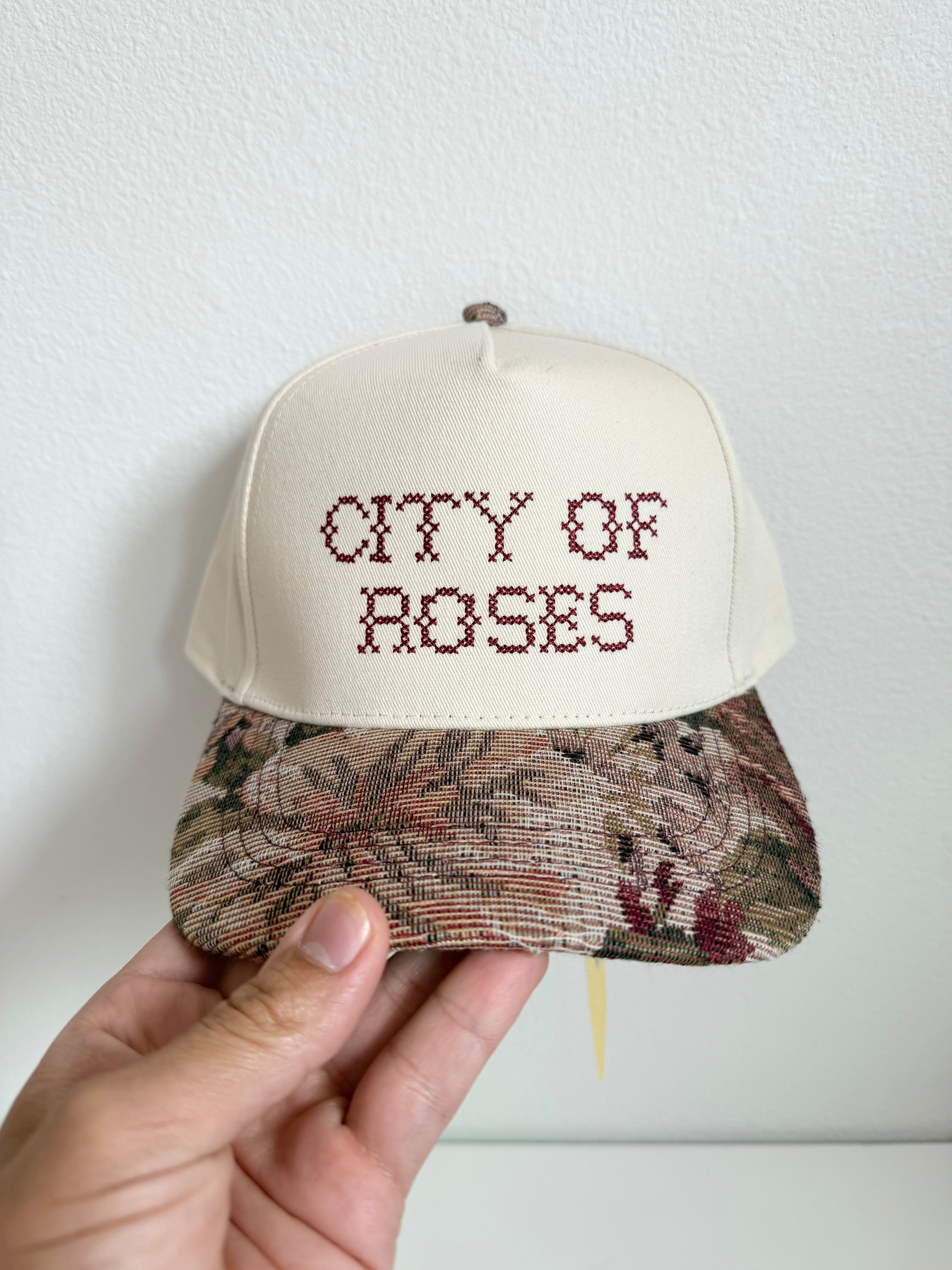 City of Roses Embroidered Trucker Hat | Portland Oregon Cap | Vintage Floral Tapestry Brim | Cross Stitch | Ready to Ship