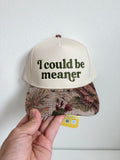 I Could Be Meaner Embroidered Trucker Hat | Funny Cream Cap with Vintage Floral Tapestry Brim | Sassy Gift | Ready to Ship