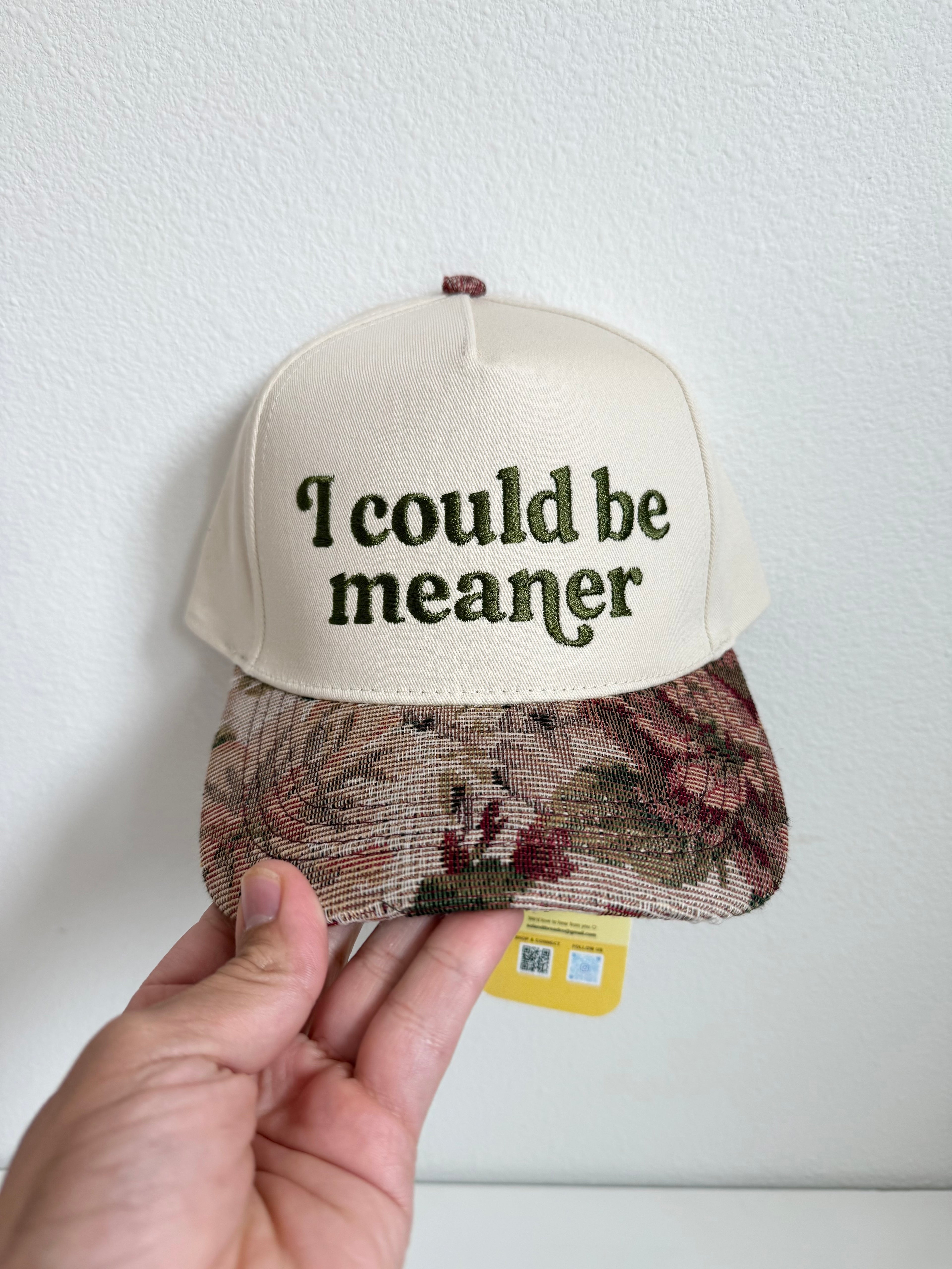 I Could Be Meaner Embroidered Trucker Hat | Funny Cream Cap with Vintage Floral Tapestry Brim | Sassy Gift | Ready to Ship