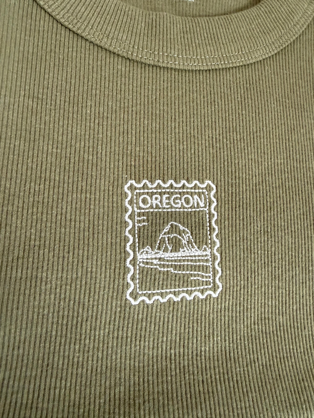 Oregon Stamp Embroidered Crop Tank Top | Ribbed Olive Green Tank | Oregon Coast Haystack Rock | PNW Nature Gift | Ready to Ship