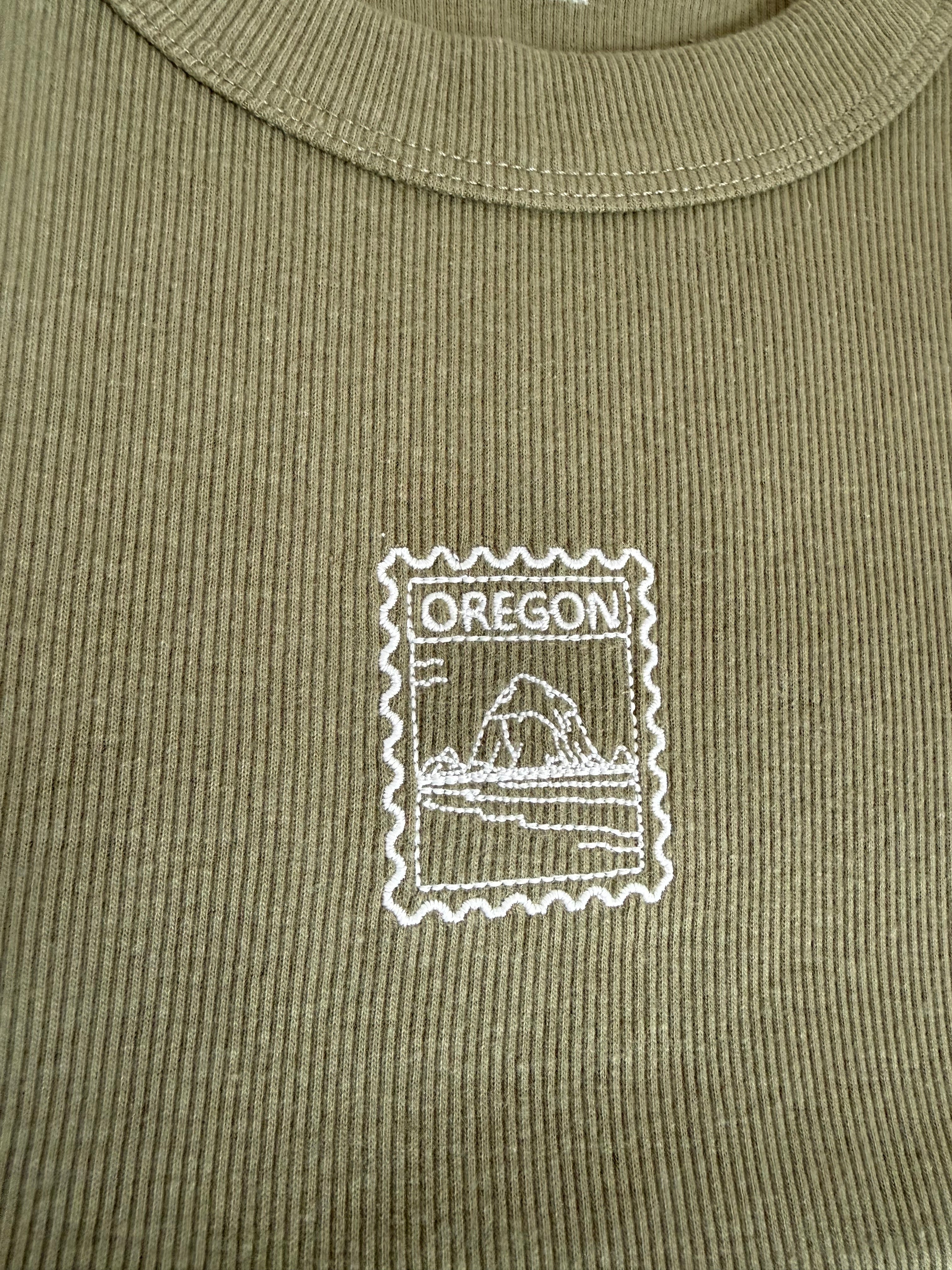 Oregon Stamp Embroidered Crop Tank Top | Ribbed Olive Green Tank | Oregon Coast Haystack Rock | PNW Nature Gift | Ready to Ship