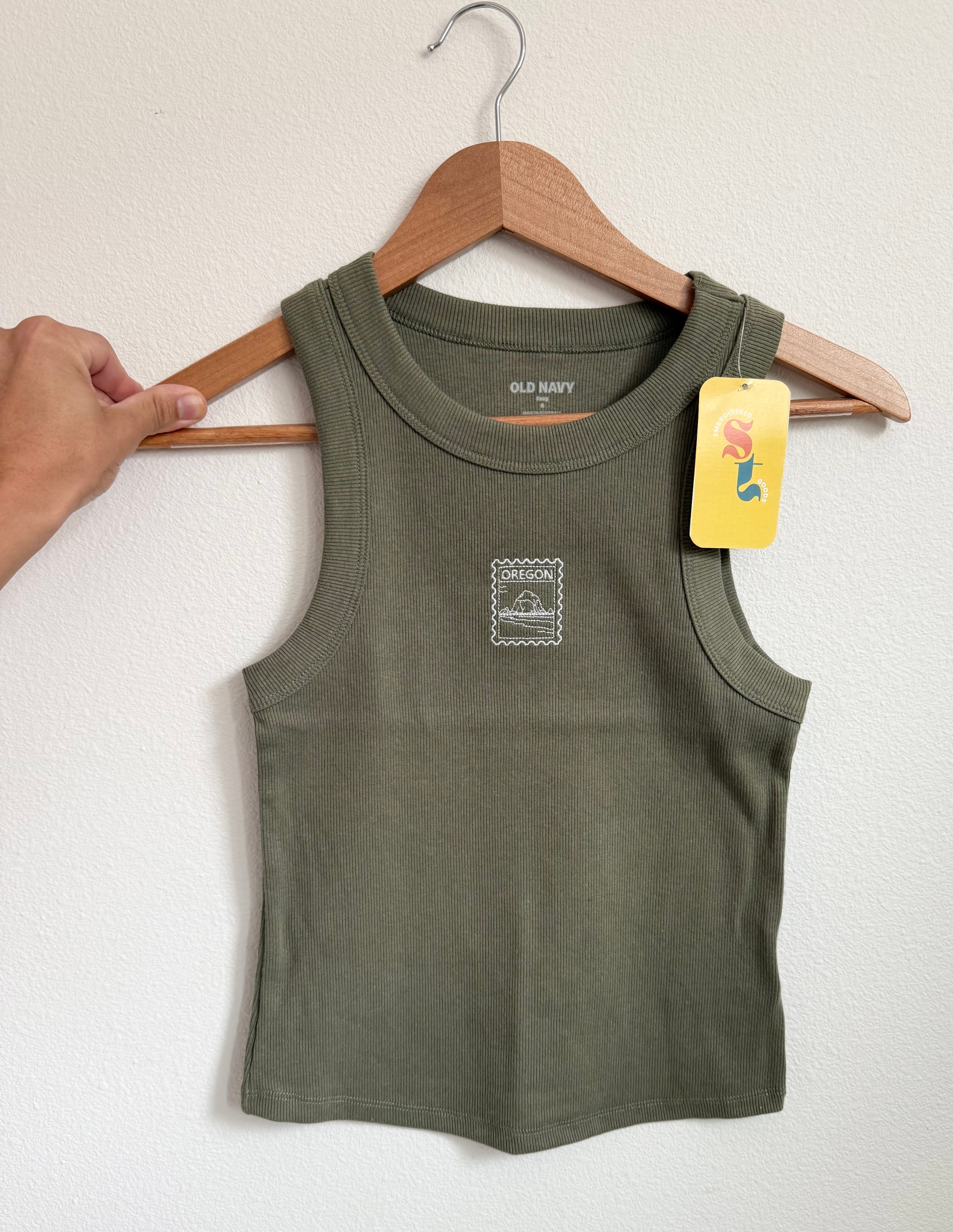 Oregon Stamp Embroidered Crop Tank Top | Ribbed Olive Green Tank | Oregon Coast Haystack Rock | PNW Nature Gift | Ready to Ship