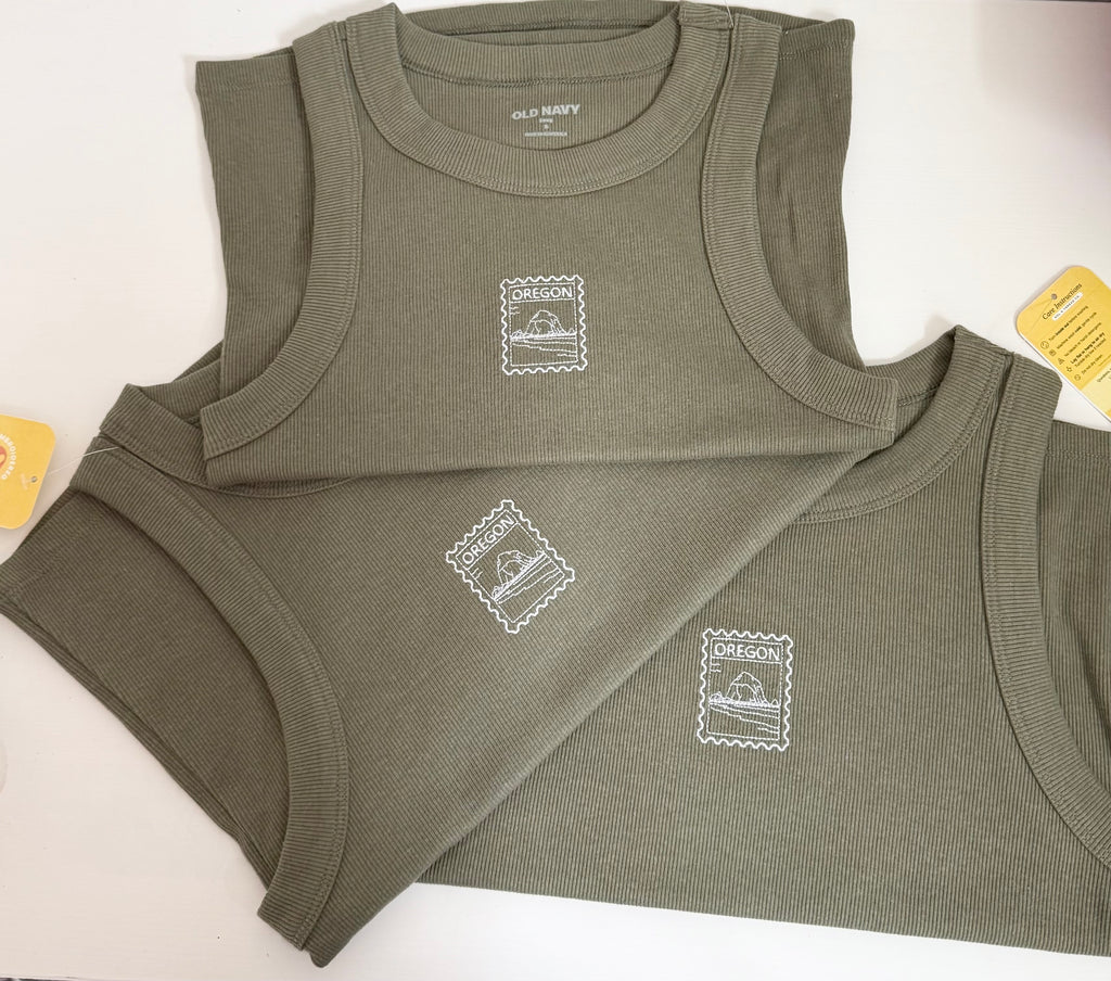Oregon Stamp Embroidered Crop Tank Top | Ribbed Olive Green Tank | Oregon Coast Haystack Rock | PNW Nature Gift | Ready to Ship