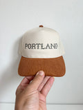 Portland Embroidered Trucker Hat | Cream Cap with Brown Corduroy Brim | Oregon Cross Stitch Cap | Ready to Ship