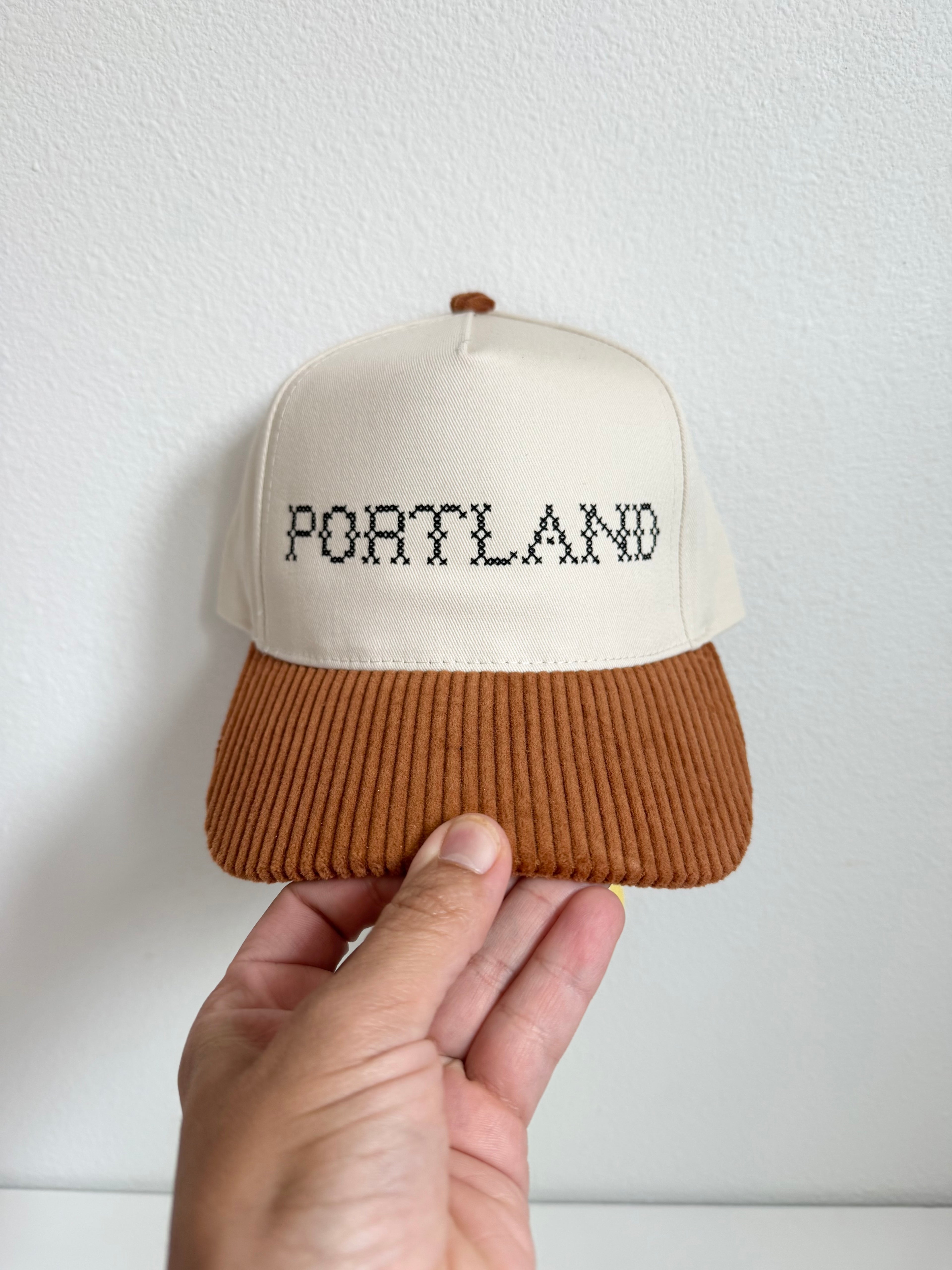 Portland Embroidered Trucker Hat | Cream Cap with Brown Corduroy Brim | Oregon Cross Stitch Cap | Ready to Ship